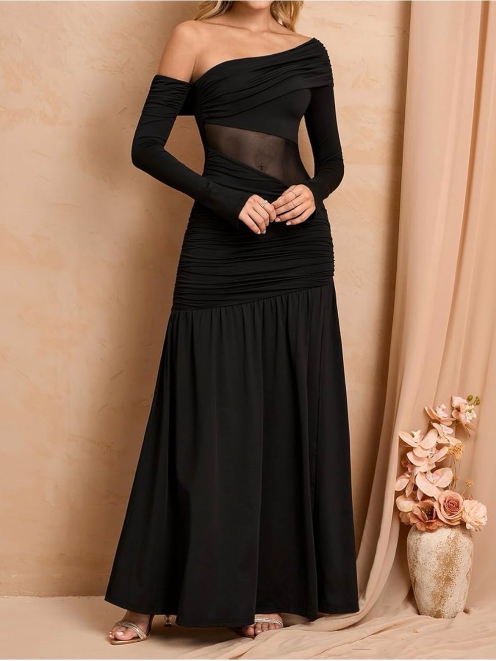 Off-Shoulder Black Mesh Panel Maxi Dress